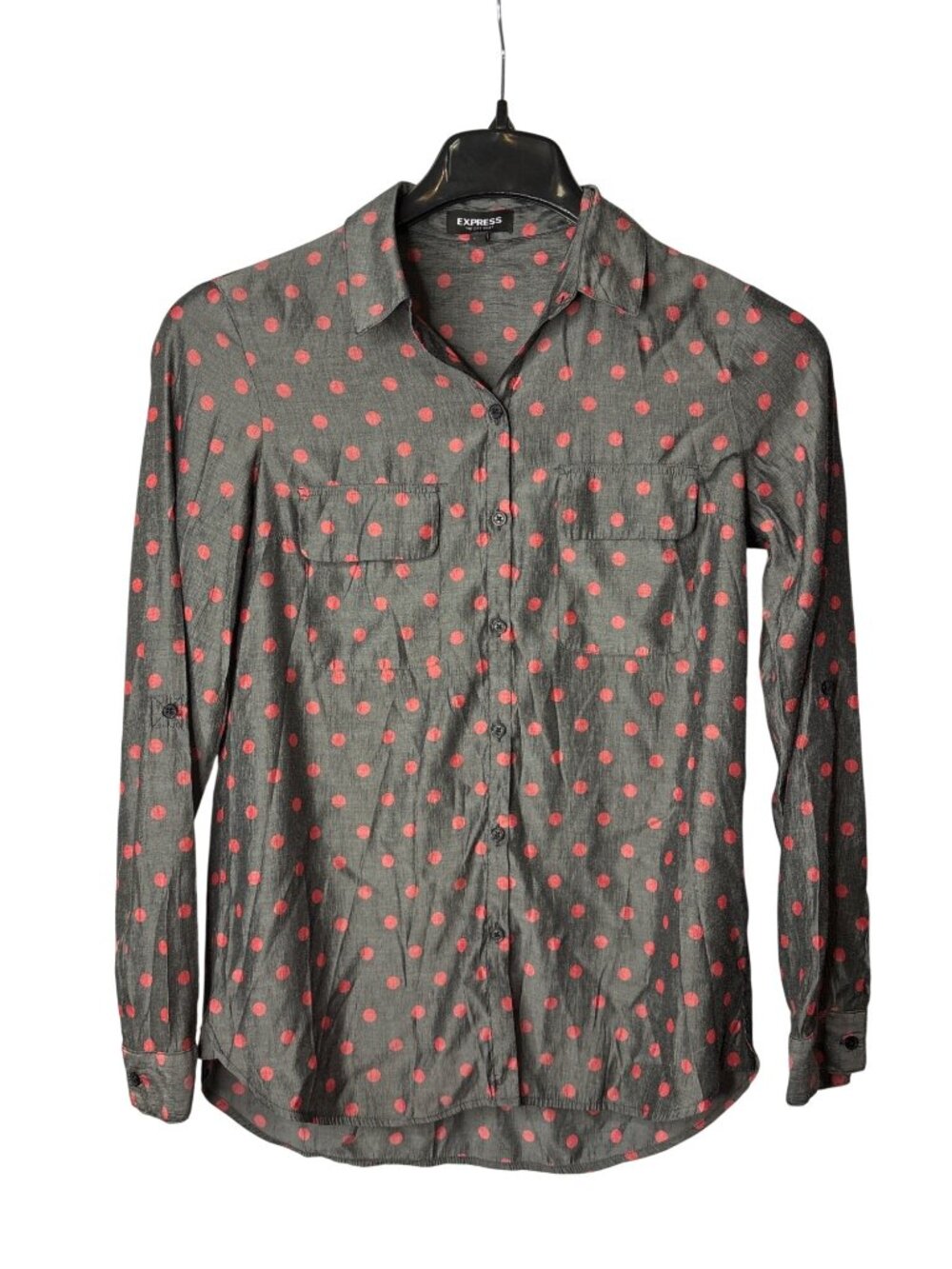 Express The City Shirt Size S Button Front Polka Dots Grey Pink